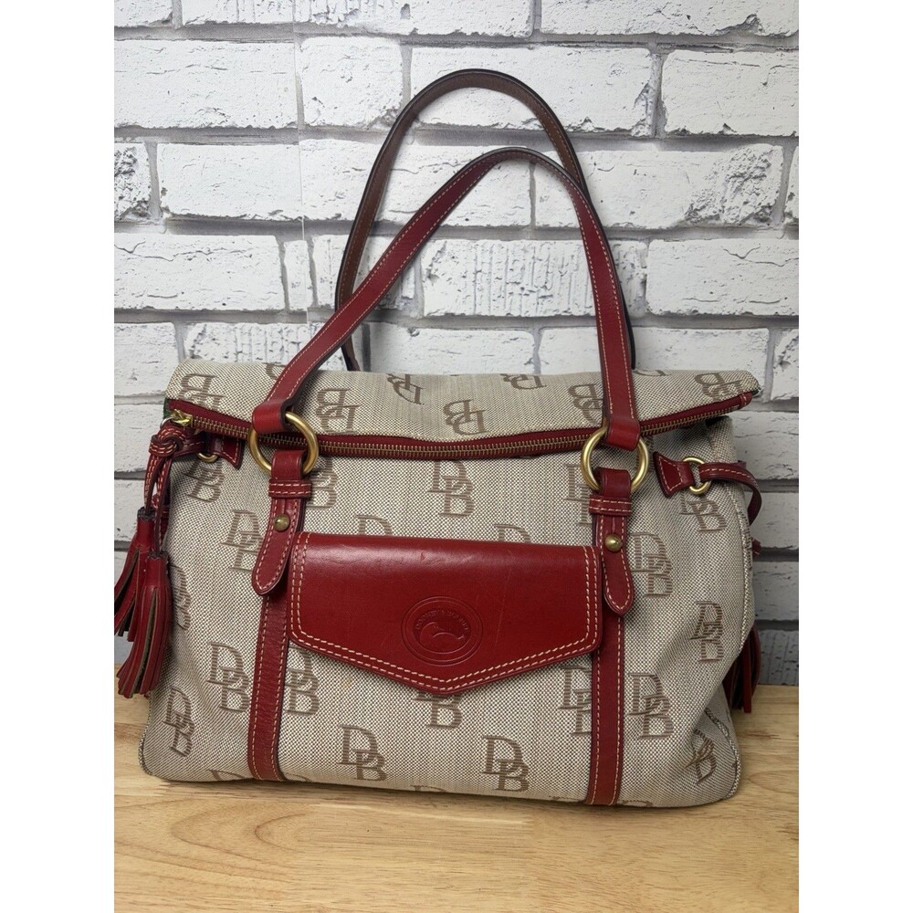 Dooney And Bourke Signature Jacquard The Smith Red Leather Trim Satchel Purse